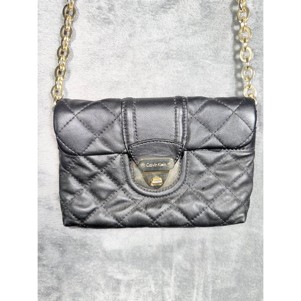 Calvin Klein Womens Black Quilted Crossbody Shoulder Bag Gold Chain Strap Purse